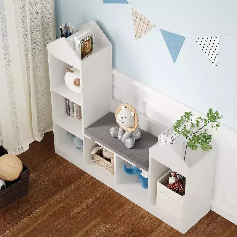 Acekool Étagère et Banc de Rangement pour Enfants, Organisateur à 6 Compartiments avec Coussin d'Assise, Bibliothèque en Bois pour Salle de Jeux, Chambre à Coucher, Coin Lecture