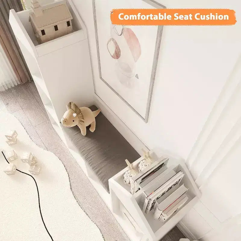 Acekool Étagère et Banc de Rangement pour Enfants, Organisateur à 6 Compartiments avec Coussin d'Assise, Bibliothèque en Bois pour Salle de Jeux, Chambre à Coucher, Coin Lecture