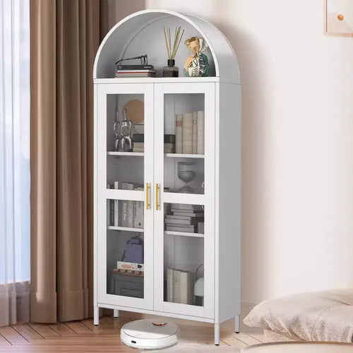 73 Arched Metal Storage Cabinet, Kitchen Pantry Cabinet with Glass Doors, Freestanding Display Cabinet with 2 Adjustable Shelves
