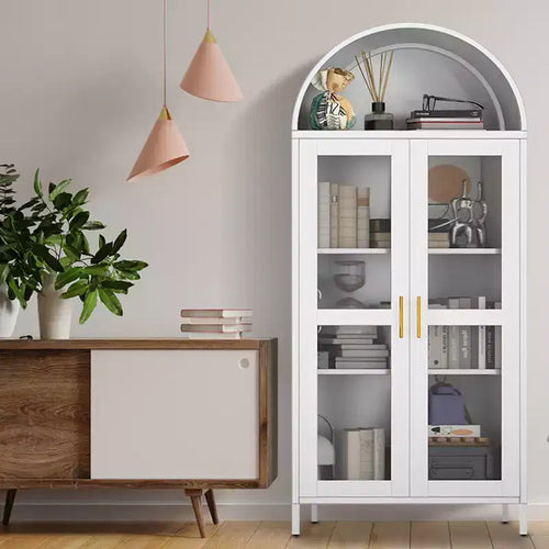 Meuble de rangement en métal arqué de 73", armoire de cuisine avec portes vitrées, vitrine autoportante avec 2 étagères réglables