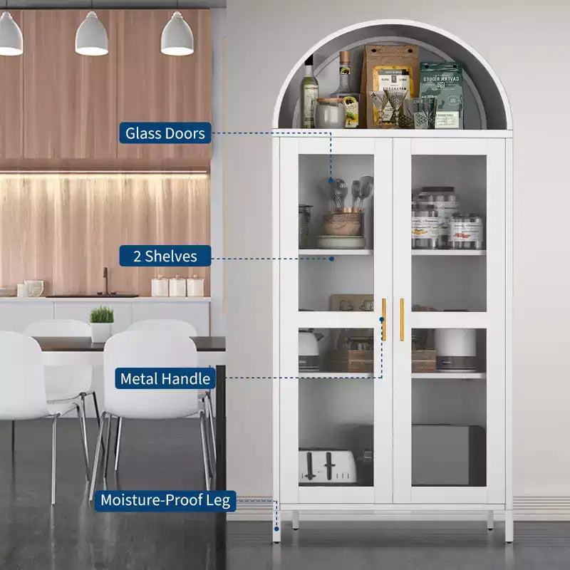Meuble de rangement en métal arqué de 73", armoire de cuisine avec portes vitrées, vitrine autoportante avec 2 étagères réglables