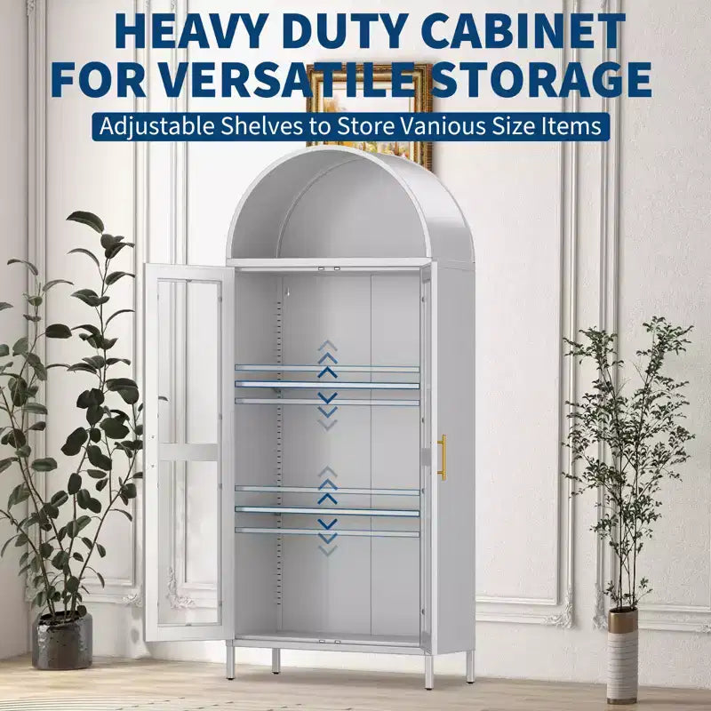Meuble de rangement en métal arqué de 73", armoire de cuisine avec portes vitrées, vitrine autoportante avec 2 étagères réglables