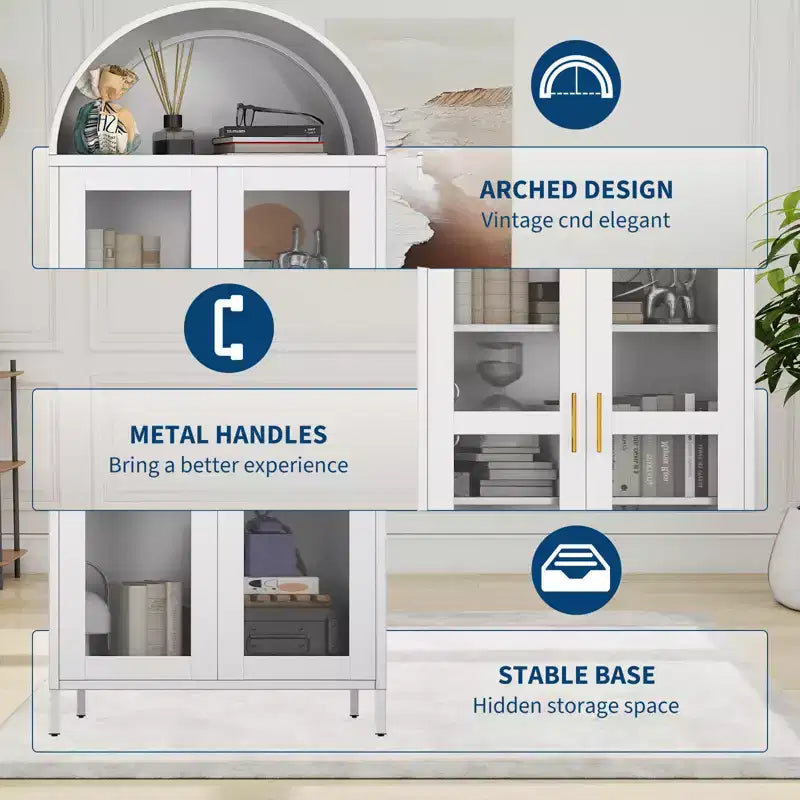 Meuble de rangement en métal arqué de 73", armoire de cuisine avec portes vitrées, vitrine autoportante avec 2 étagères réglables