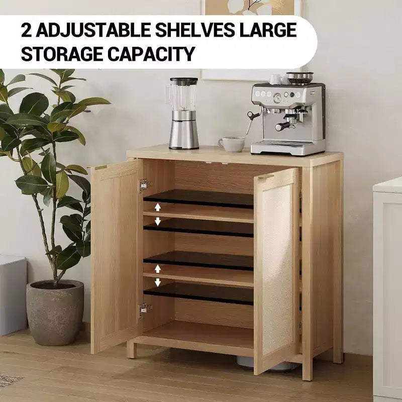 Buffet en bois avec portes en rotin, placard de cuisine avec étagères réglables, table console, parfait pour la salle à manger