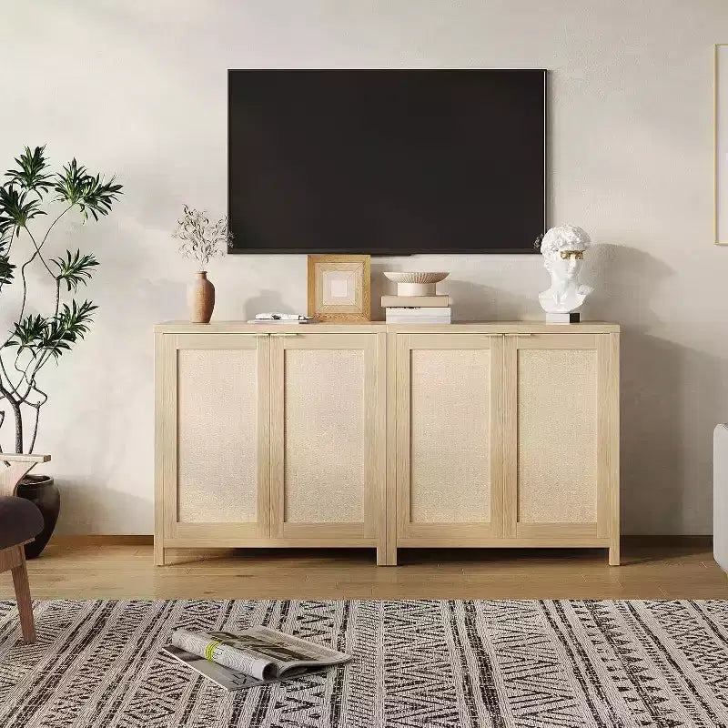 Buffet en bois avec portes en rotin, placard de cuisine avec étagères réglables, table console, parfait pour la salle à manger