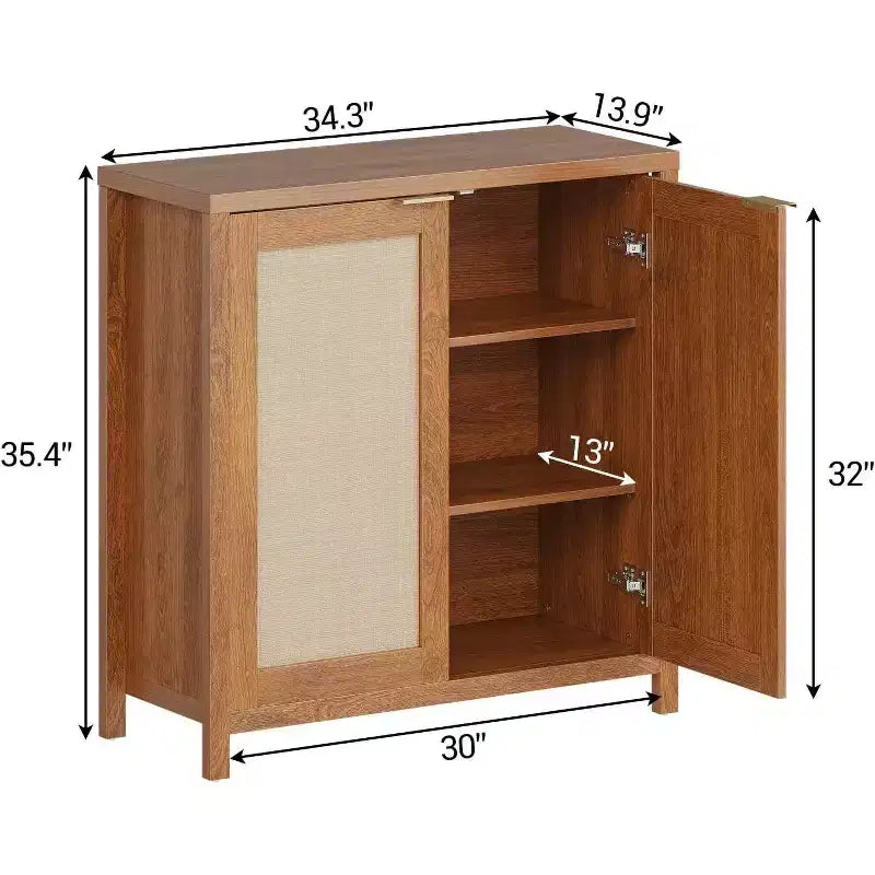 Buffet en bois avec portes en rotin, placard de cuisine avec étagères réglables, table console, parfait pour la salle à manger