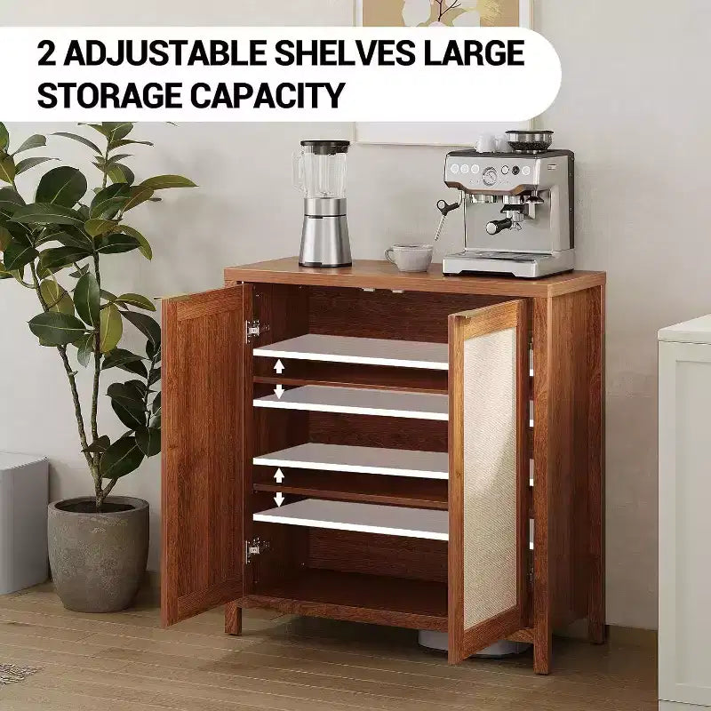 Buffet en bois avec portes en rotin, placard de cuisine avec étagères réglables, table console, parfait pour la salle à manger