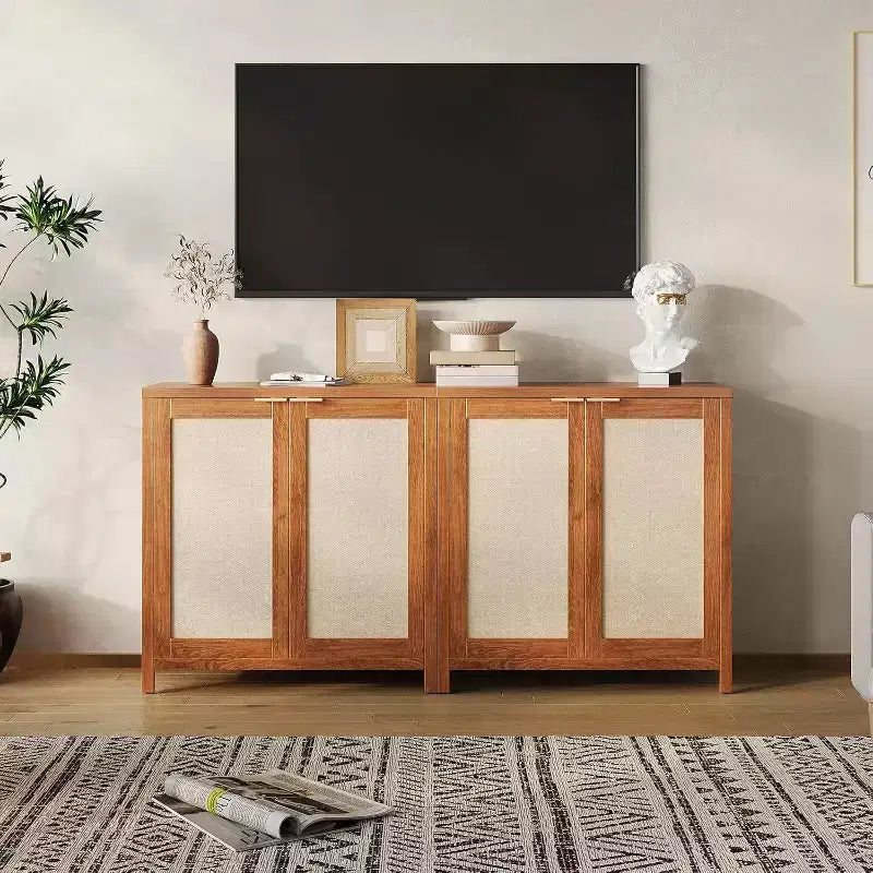 Buffet en bois avec portes en rotin, placard de cuisine avec étagères réglables, table console, parfait pour la salle à manger