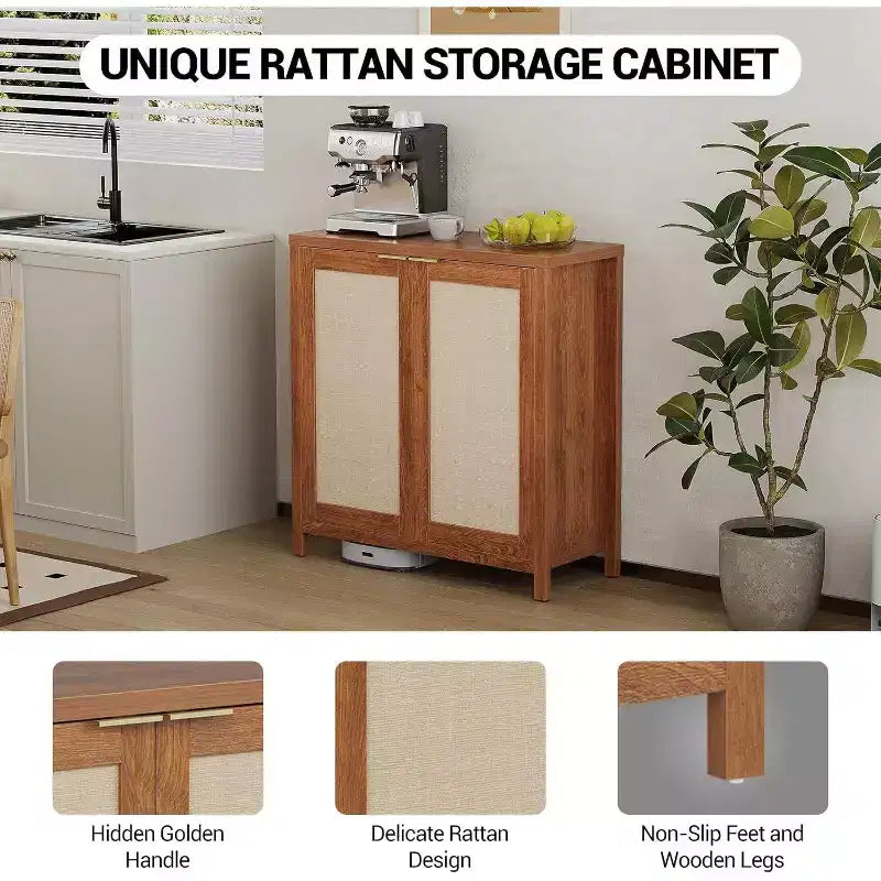 Buffet en bois avec portes en rotin, placard de cuisine avec étagères réglables, table console, parfait pour la salle à manger