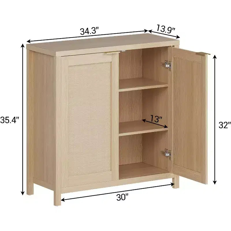 Buffet en bois avec portes en rotin, placard de cuisine avec étagères réglables, table console, parfait pour la salle à manger