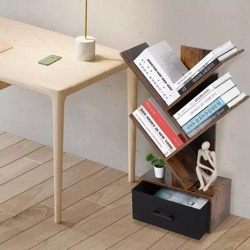 Bibliothèque Arbre Acekool à 4 Niveaux, Étagère Étroite avec Tiroir, Organisateur Rétro pour Bureau à Domicile, Salon, Marron