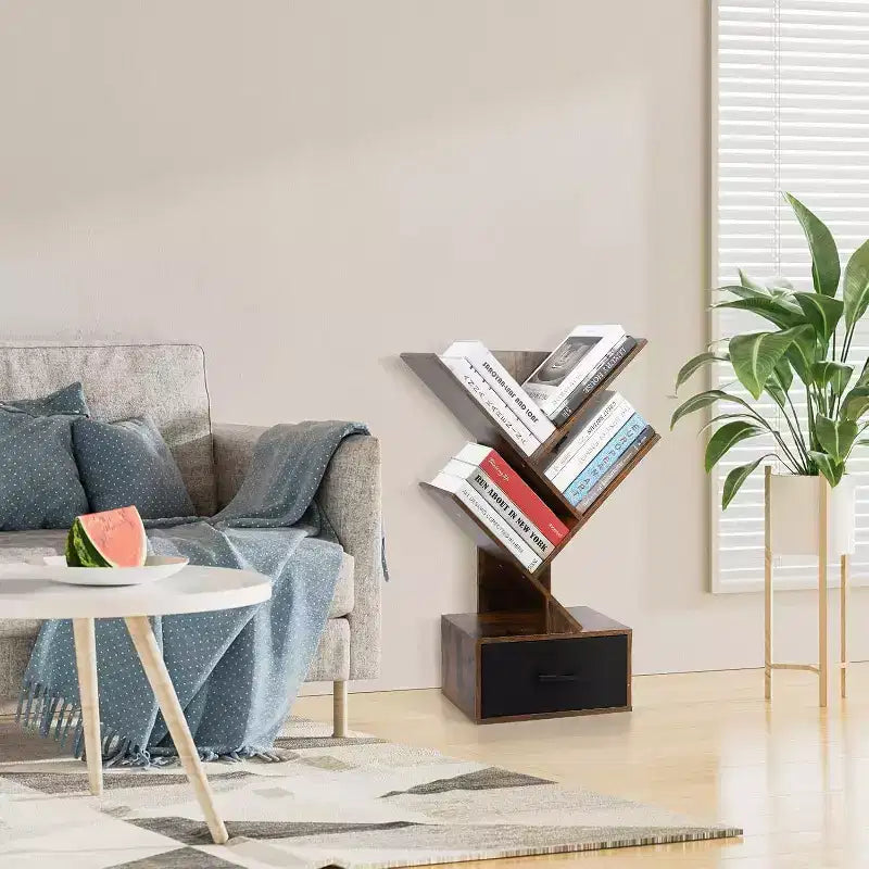 Bibliothèque Arbre Acekool à 4 Niveaux, Étagère Étroite avec Tiroir, Organisateur Rétro pour Bureau à Domicile, Salon, Marron