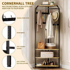 Porte-manteau d'angle à plusieurs niveaux, Arbre d'entrée avec rangement à chaussures et 12 crochets, Étagères à 3 niveaux pour les espaces compacts dans la chambre/le salon