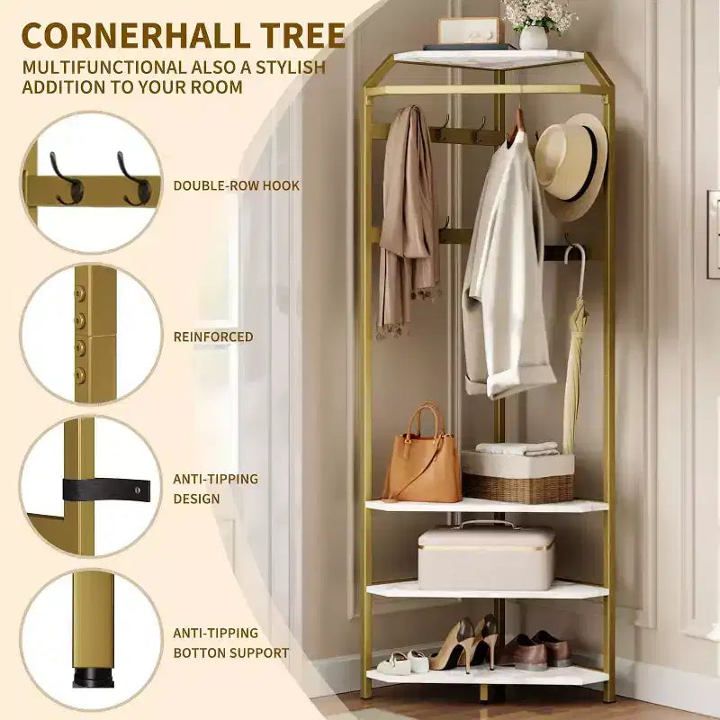 Porte-manteau d'angle à plusieurs niveaux, Arbre d'entrée avec rangement à chaussures et 12 crochets, Étagères à 3 niveaux pour les espaces compacts dans la chambre/le salon