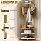 Porte-manteau d'angle à plusieurs niveaux, Arbre d'entrée avec rangement à chaussures et 12 crochets, Étagères à 3 niveaux pour les espaces compacts dans la chambre/le salon