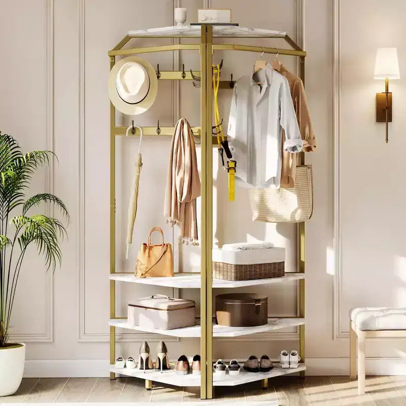 Porte-manteau d'angle à plusieurs niveaux, Arbre d'entrée avec rangement à chaussures et 12 crochets, Étagères à 3 niveaux pour les espaces compacts dans la chambre/le salon
