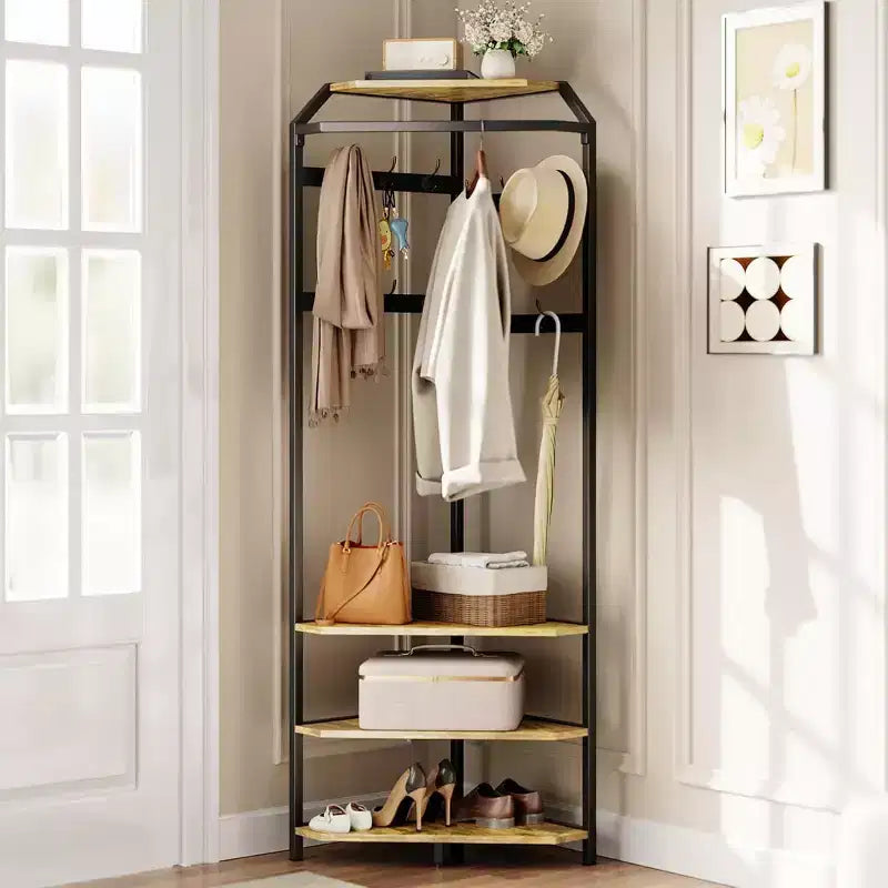 Porte-manteau d'angle à plusieurs niveaux, Arbre d'entrée avec rangement à chaussures et 12 crochets, Étagères à 3 niveaux pour les espaces compacts dans la chambre/le salon