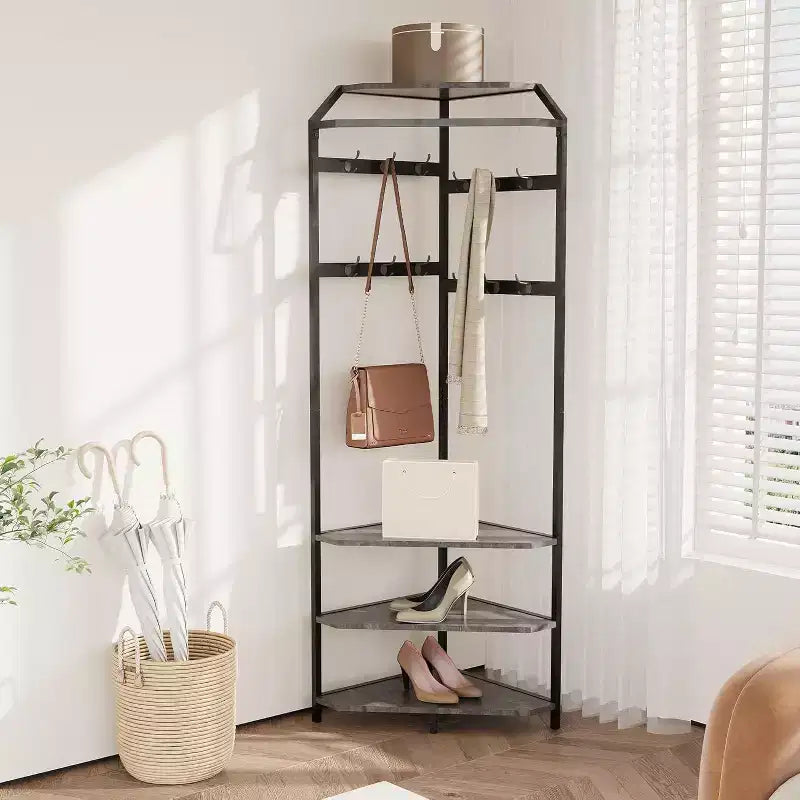 Porte-manteau d'angle à plusieurs niveaux, Arbre d'entrée avec rangement à chaussures et 12 crochets, Étagères à 3 niveaux pour les espaces compacts dans la chambre/le salon