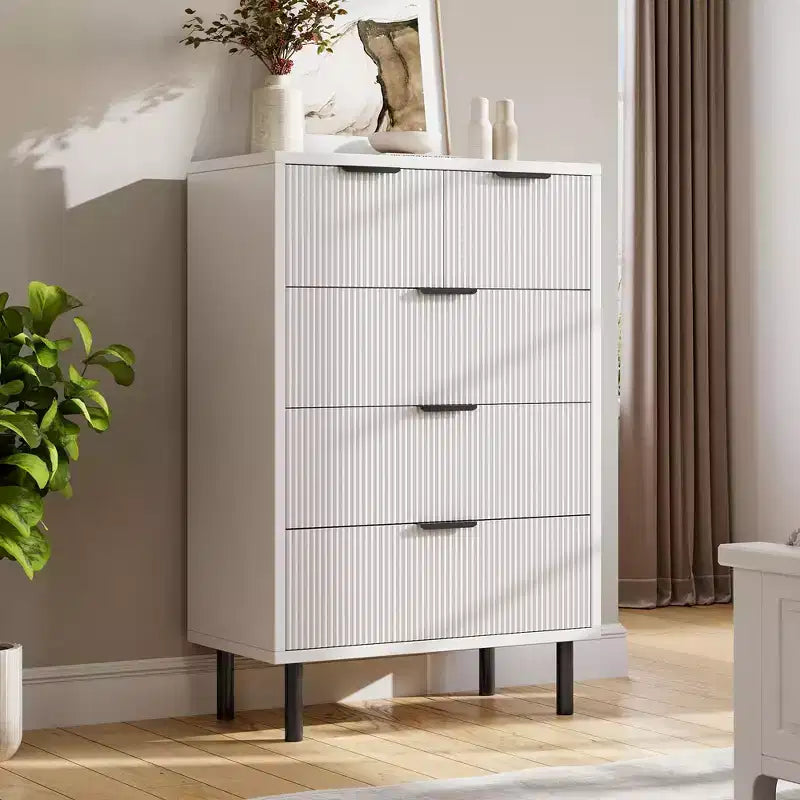Commode à 5 tiroirs cannelés ondulés pour chambre à coucher, commode moderne en bois avec tiroirs larges, organisateur de commode de placard