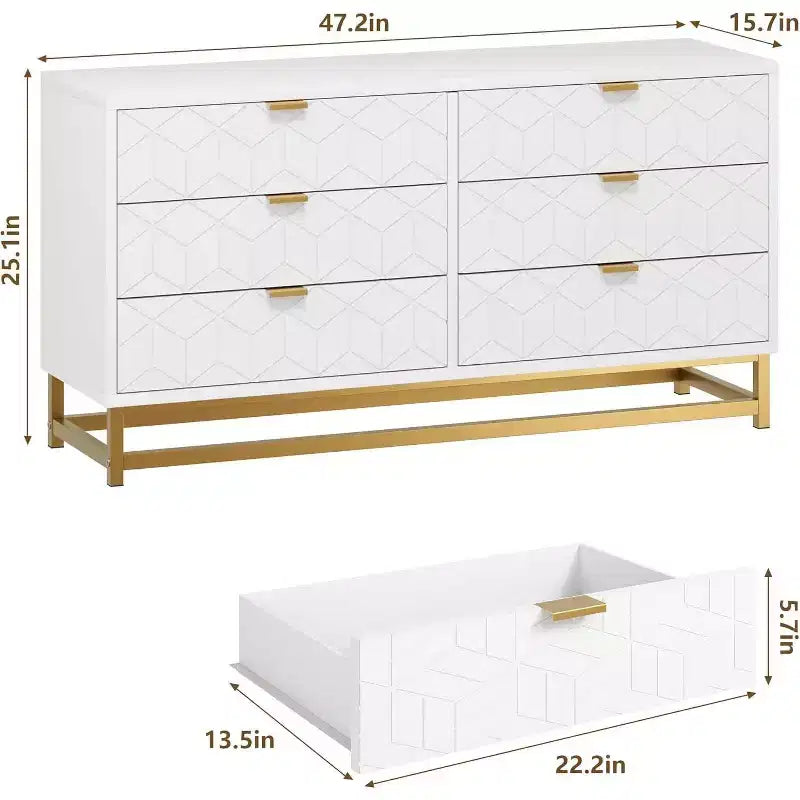 Commode Acekool à 6 tiroirs, grande commode de rangement moderne avec pieds en métal doré pour chambre, salon, entrée