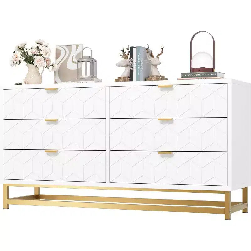Commode Acekool à 6 tiroirs, grande commode de rangement moderne avec pieds en métal doré pour chambre, salon, entrée