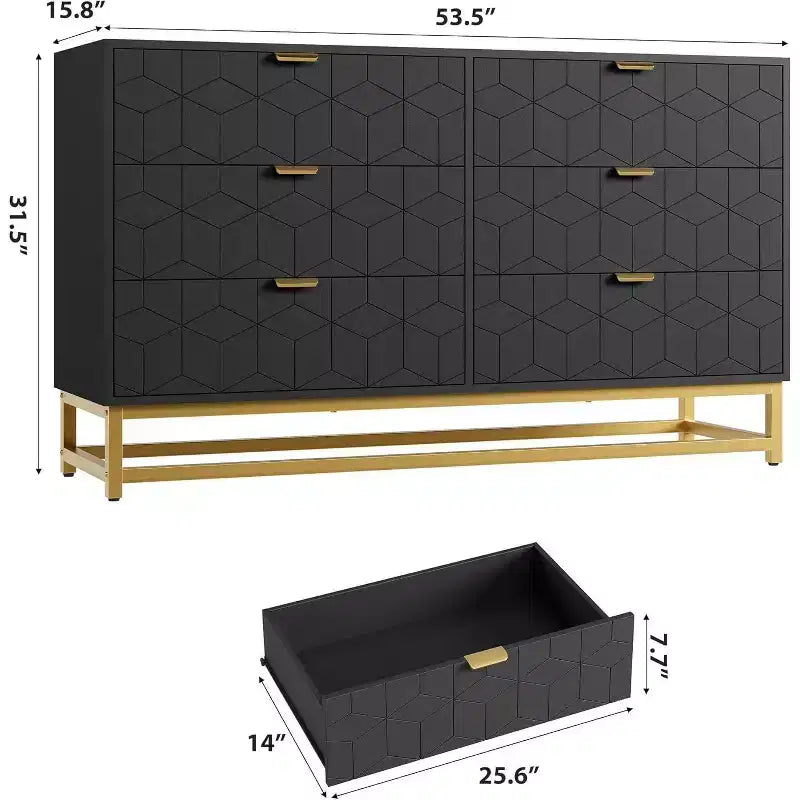 Commode Acekool à 6 tiroirs, grande commode de rangement moderne avec pieds en métal doré pour chambre, salon, entrée