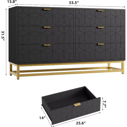 Commode Acekool à 6 tiroirs, grande commode de rangement moderne avec pieds en métal doré pour chambre, salon, entrée
