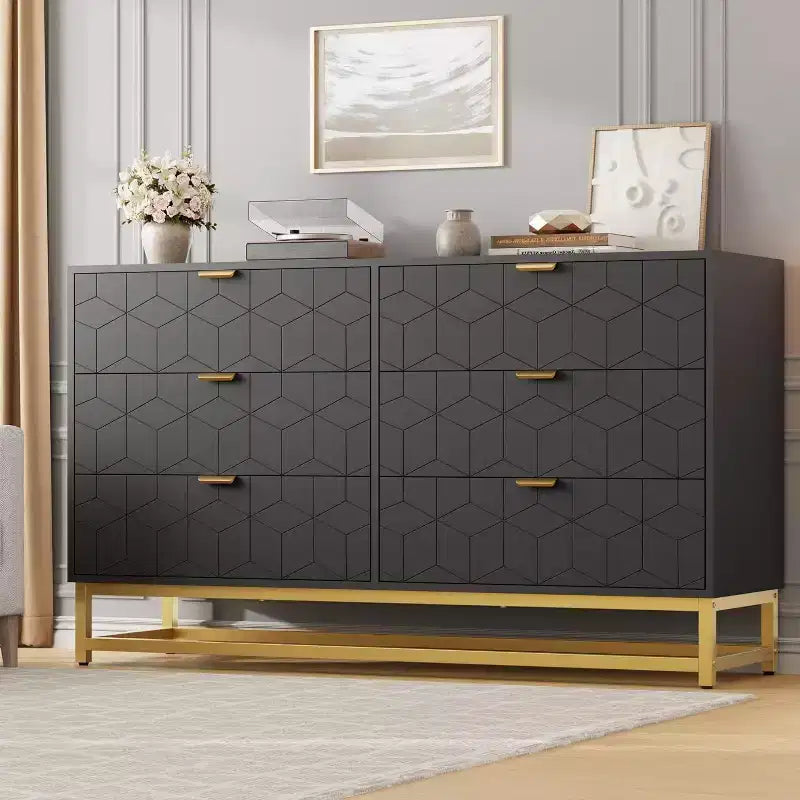 Commode Acekool à 6 tiroirs, grande commode de rangement moderne avec pieds en métal doré pour chambre, salon, entrée