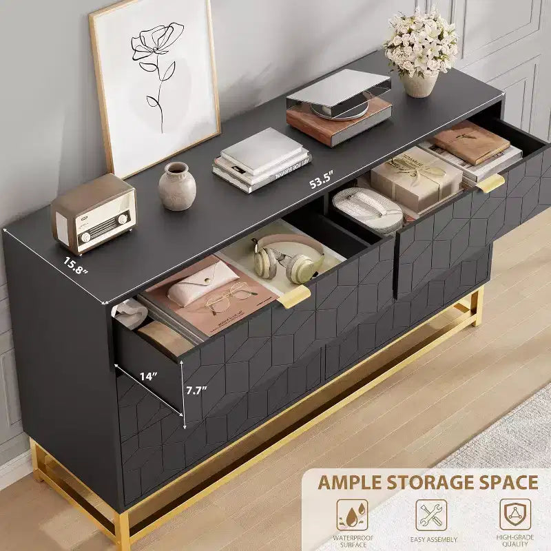 Commode Acekool à 6 tiroirs, grande commode de rangement moderne avec pieds en métal doré pour chambre, salon, entrée