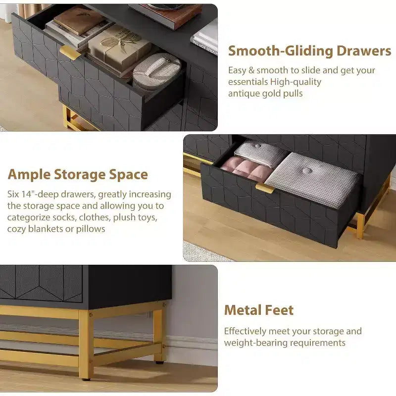 Commode Acekool à 6 tiroirs, grande commode de rangement moderne avec pieds en métal doré pour chambre, salon, entrée