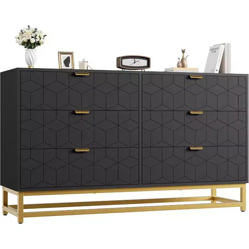 Commode Acekool à 6 tiroirs, grande commode de rangement moderne avec pieds en métal doré pour chambre, salon, entrée