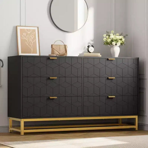 Acekool 6 Drawer Dresser, Modern Wide Chest Organizer with Gold Metal Legs, Large Storage Cabinet for Bedroom, Living Room, Entryway