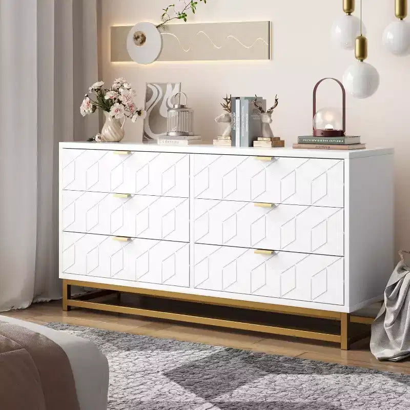 Commode Acekool à 6 tiroirs, grande commode de rangement moderne avec pieds en métal doré pour chambre, salon, entrée