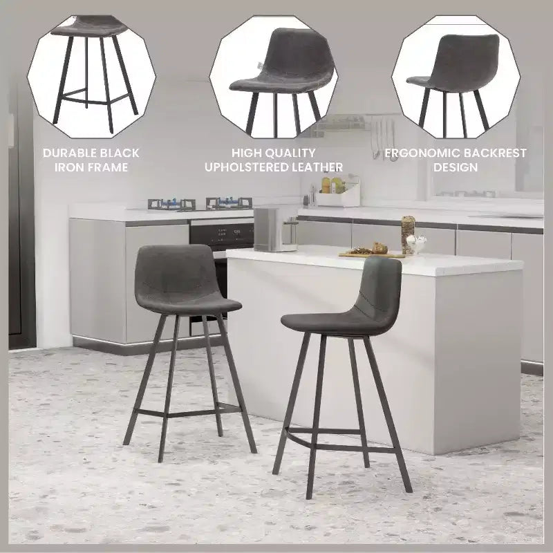 LeisureMod Elland Leather 35 Tabouret de comptoir rembourré Moderne avec pieds en acier inoxydable noir pour îlot de cuisine ou bar à domicile, lot de 2