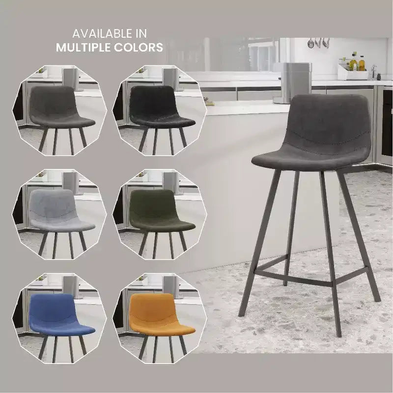 LeisureMod Elland Leather 35 Tabouret de comptoir rembourré Moderne avec pieds en acier inoxydable noir pour îlot de cuisine ou bar à domicile, lot de 2