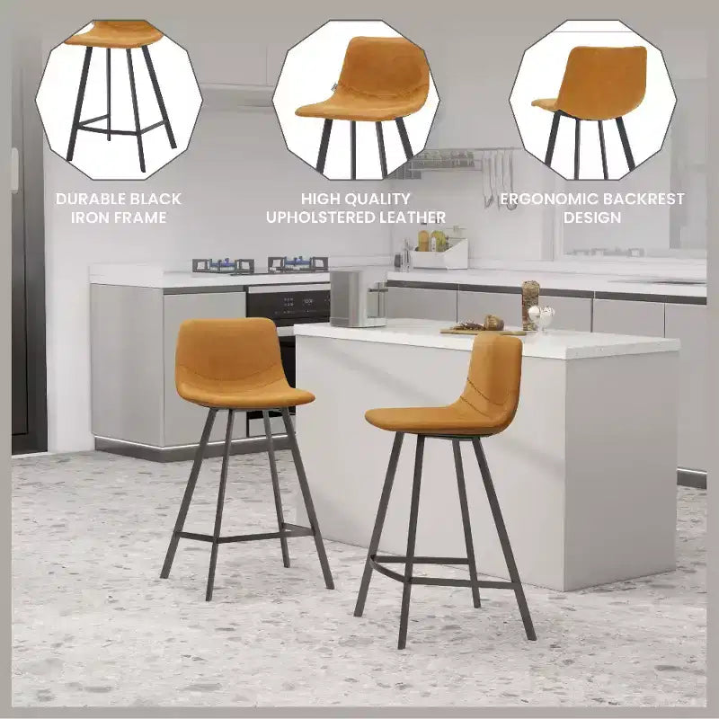 LeisureMod Elland Leather 35 Tabouret de comptoir rembourré Moderne avec pieds en acier inoxydable noir pour îlot de cuisine ou bar à domicile, lot de 2