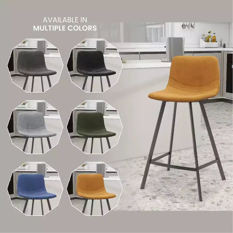 LeisureMod Elland Leather 35 Tabouret de comptoir rembourré Moderne avec pieds en acier inoxydable noir pour îlot de cuisine ou bar à domicile, lot de 2