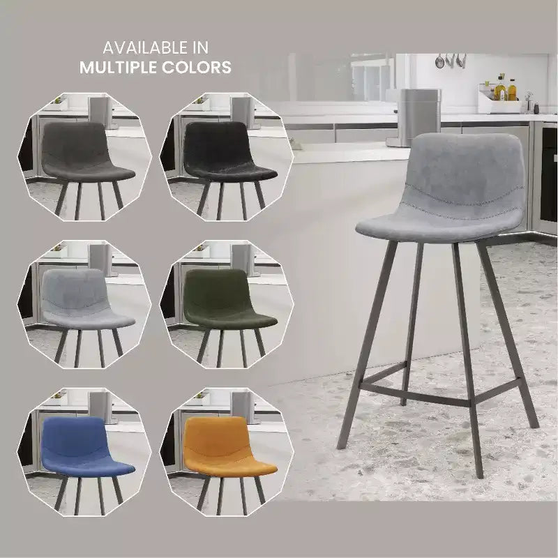 LeisureMod Elland Leather 35 Tabouret de comptoir rembourré Moderne avec pieds en acier inoxydable noir pour îlot de cuisine ou bar à domicile, lot de 2