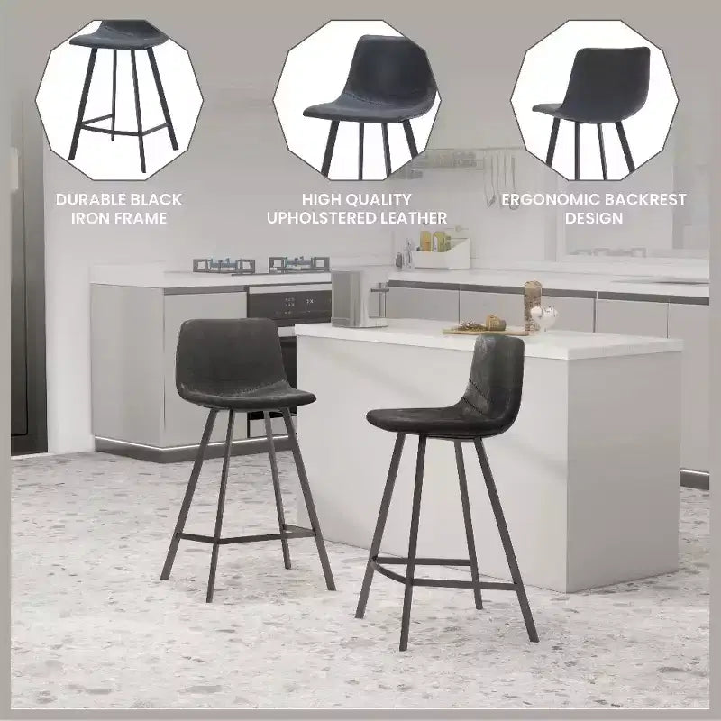 LeisureMod Elland Leather 35 Tabouret de comptoir rembourré Moderne avec pieds en acier inoxydable noir pour îlot de cuisine ou bar à domicile, lot de 2