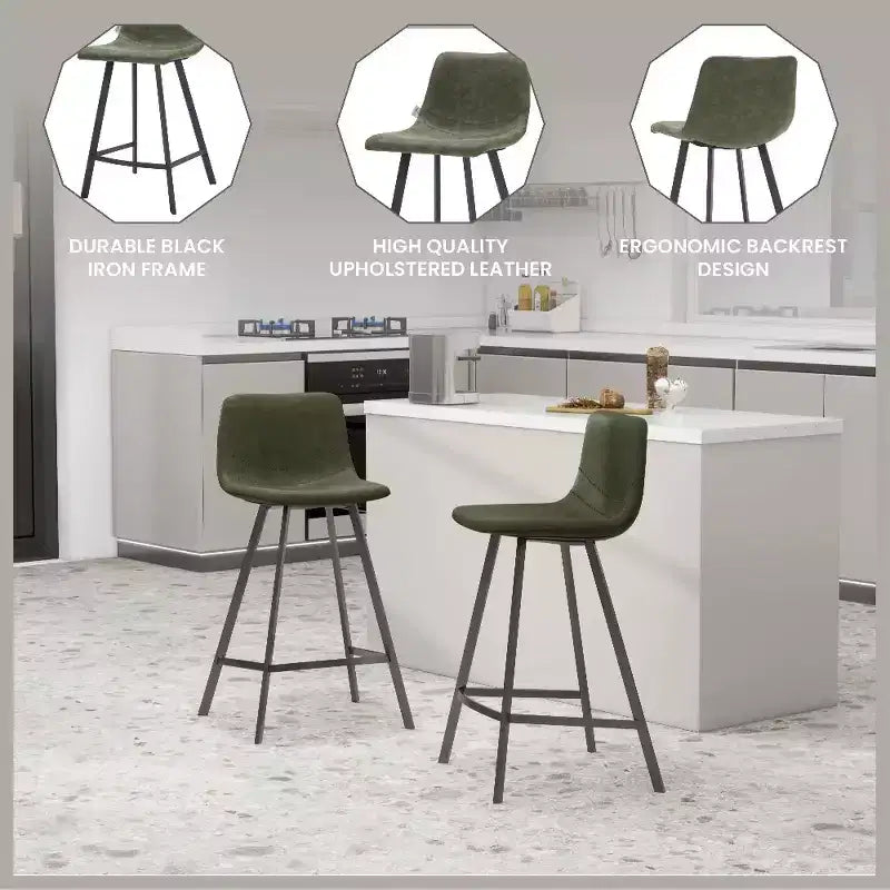 LeisureMod Elland Leather 35 Tabouret de comptoir rembourré Moderne avec pieds en acier inoxydable noir pour îlot de cuisine ou bar à domicile, lot de 2
