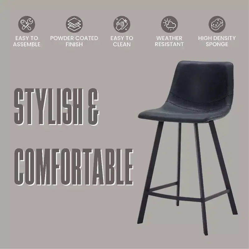 LeisureMod Elland Leather 35 Tabouret de comptoir rembourré Moderne avec pieds en acier inoxydable noir pour îlot de cuisine ou bar à domicile, lot de 2