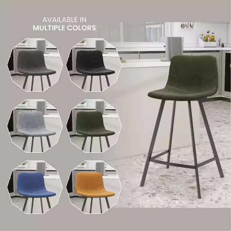 LeisureMod Elland Leather 35 Tabouret de comptoir rembourré Moderne avec pieds en acier inoxydable noir pour îlot de cuisine ou bar à domicile, lot de 2