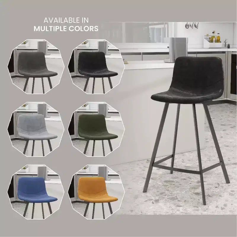 LeisureMod Elland Leather 35 Tabouret de comptoir rembourré Moderne avec pieds en acier inoxydable noir pour îlot de cuisine ou bar à domicile, lot de 2