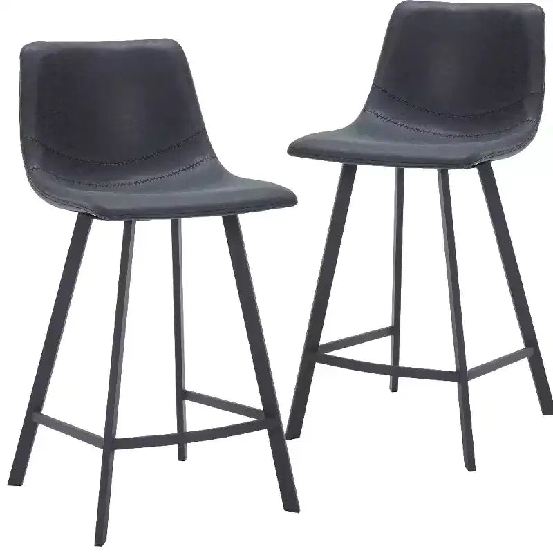 LeisureMod Elland Leather 35 Upholstered Counter Stool  Modern Stool with Black Stainless Steel Legs for Kitchen Island or Home Bar Set of 2