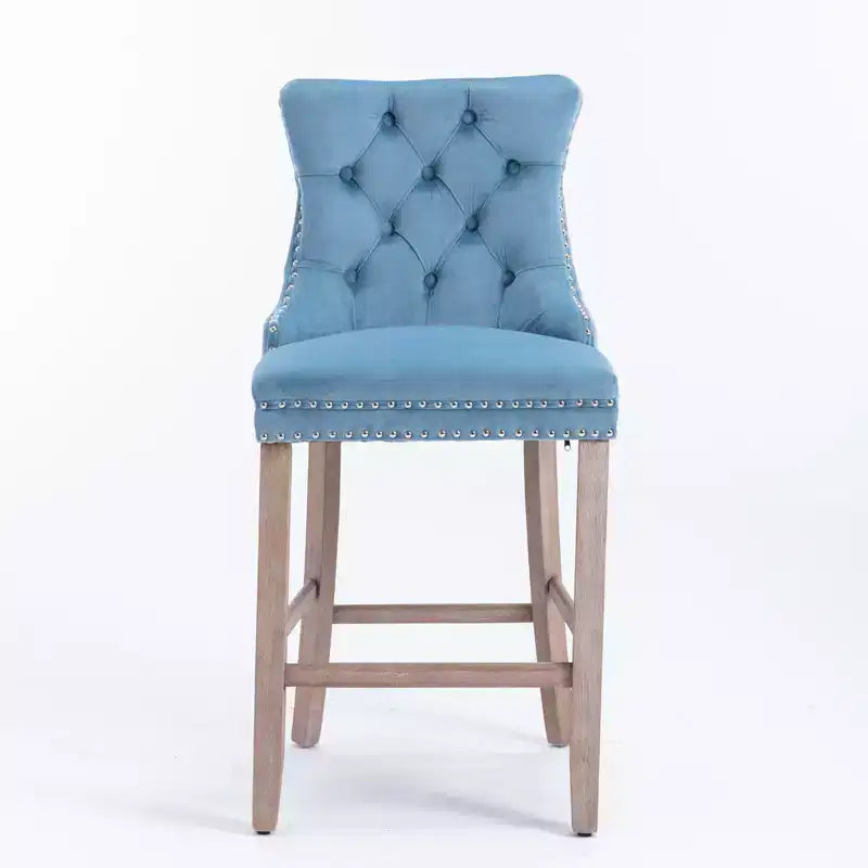 CLIHOME Lot de 2 tabourets de bar contemporains en velours avec capitonnage et pieds en bois, clous décoratifs chromés
