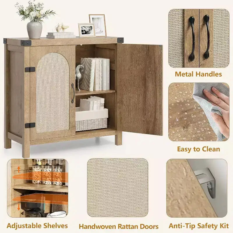 Buffet avec armoire de rangement à accents de rotin, buffet avec étagères réglables, armoire de rangement avec portes en rotin synthétique pour salon, salle à manger