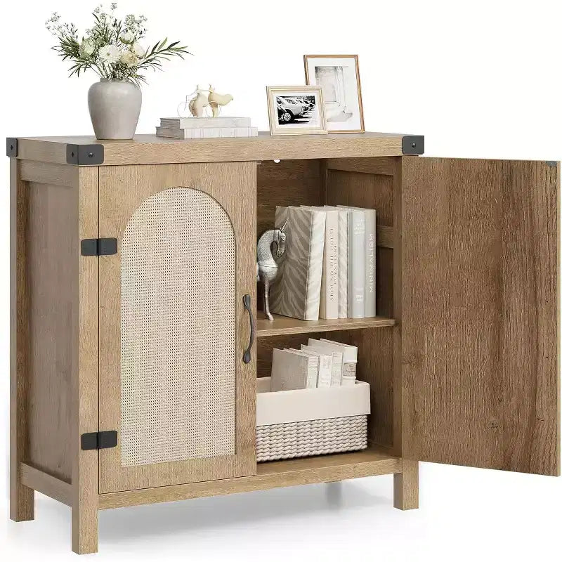 Buffet avec armoire de rangement à accents de rotin, buffet avec étagères réglables, armoire de rangement avec portes en rotin synthétique pour salon, salle à manger