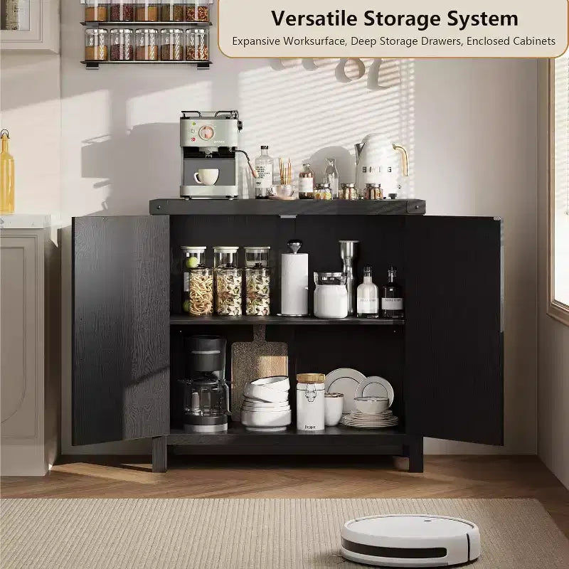 Buffet avec armoire de rangement à accents de rotin, buffet avec étagères réglables, armoire de rangement avec portes en rotin synthétique pour salon, salle à manger