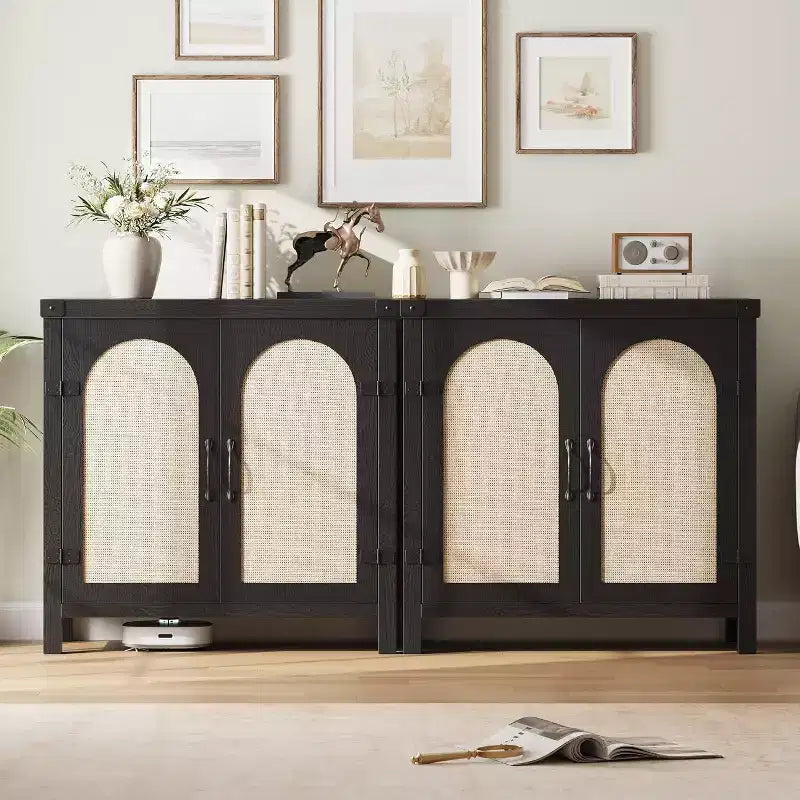 Buffet avec armoire de rangement à accents de rotin, buffet avec étagères réglables, armoire de rangement avec portes en rotin synthétique pour salon, salle à manger