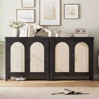 Buffet avec armoire de rangement à accents de rotin, buffet avec étagères réglables, armoire de rangement avec portes en rotin synthétique pour salon, salle à manger